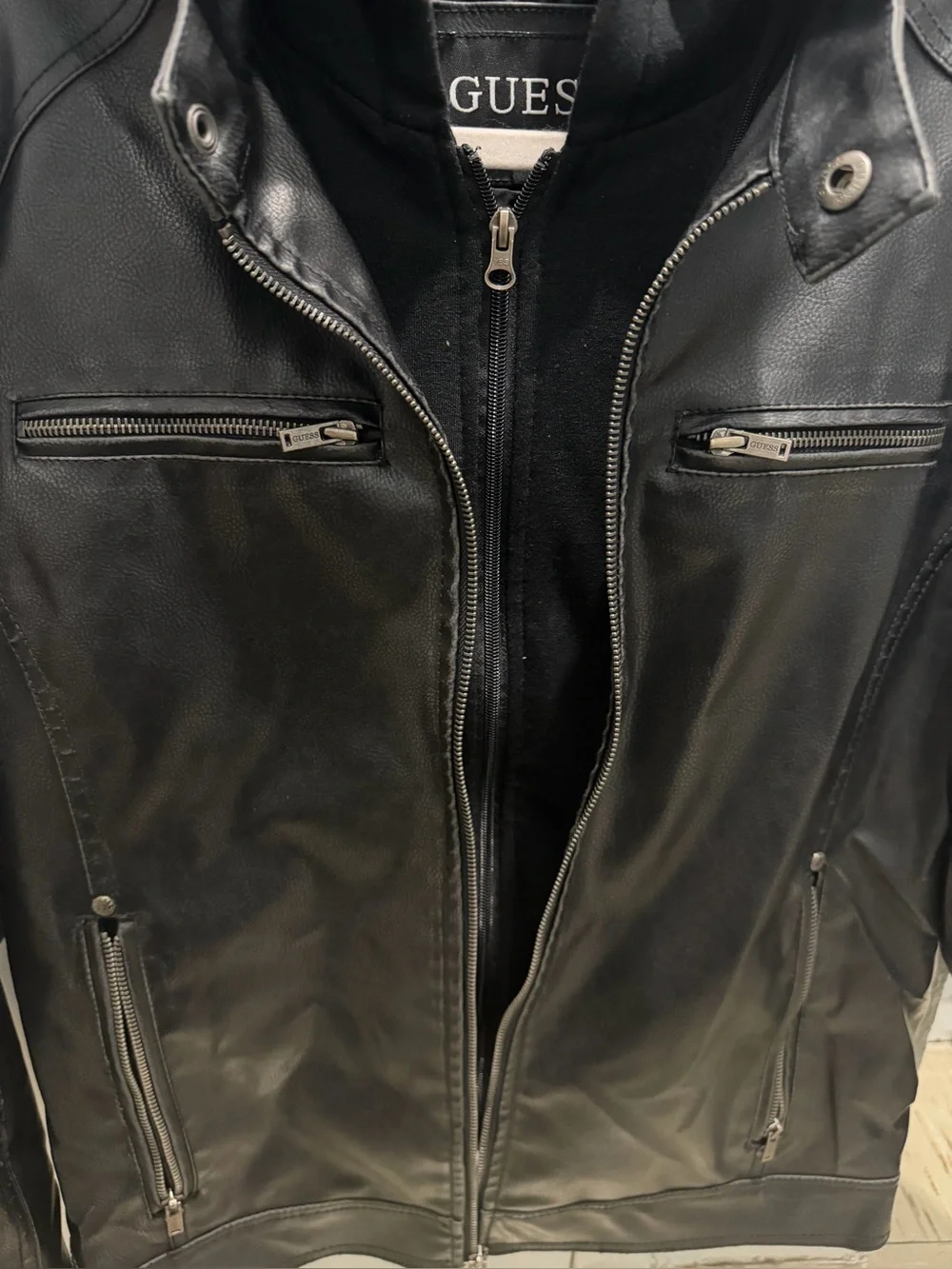 GUESS Black Leather Bomber Jacket with Zip Pockets